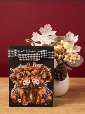 Cute Highland Cow Twin Wood Block with Gingham Bow - Black